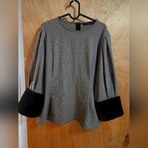 Zara houndstooth faux fur blouse